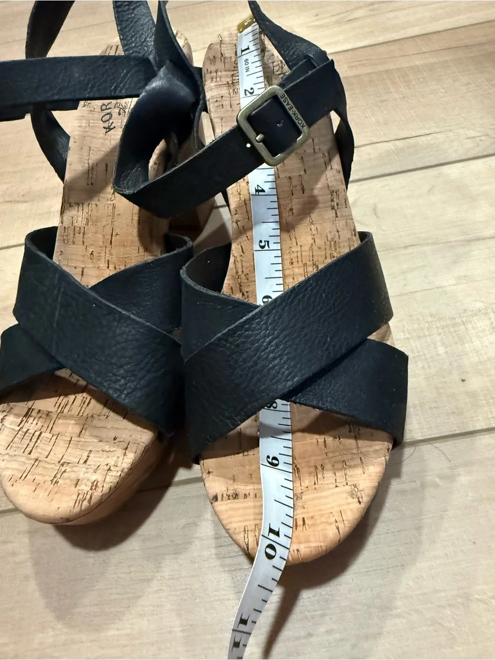 Kork-Ease Black Leather Cork Wedge Sandals with Ankle Strap
